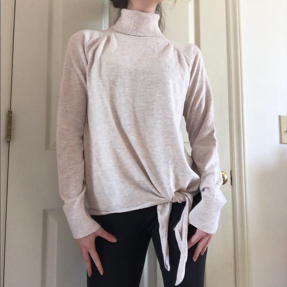 Oatmeal turtleneck tie sweater